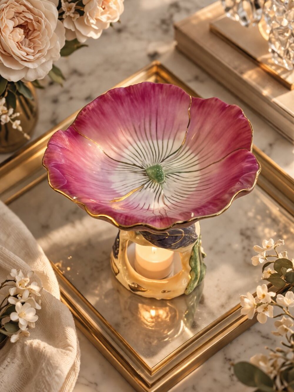 Hand Painted Floral Glazed Ceramic Wax Melt Warmers Set 2 Pink Gold New - Picture 3 of 8